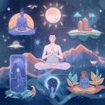 dessin d'une personne en position de méditation. Autour d'elle un soleil et des montagnes