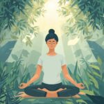 dessin d'une femme en position de méditation en forêt avec une lumière au-dessus d'elle