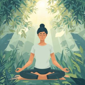 dessin d'une femme en position de méditation en forêt avec une lumière au-dessus d'elle