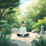 dessin d'une femme en position de méditation au milieu d'un parc