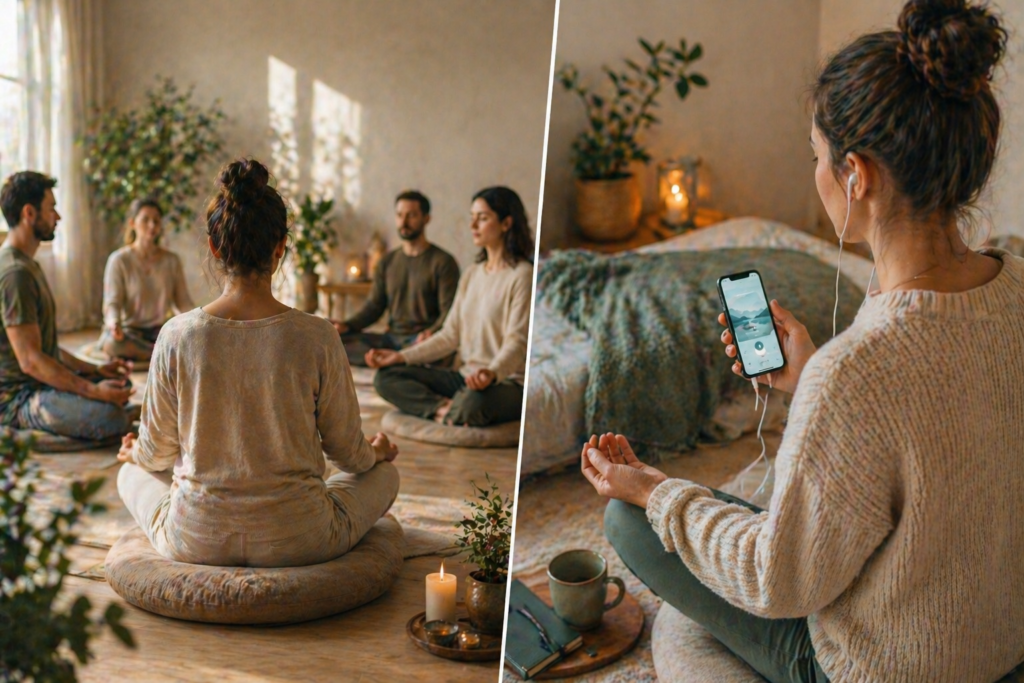 A gauche groupe de méditants, à droite femme qui médite avec son téléphone