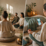 A gauche groupe de méditants, à droite femme qui médite avec son téléphone