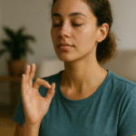 femme assise, les yeux fermés le bras levé avec le pouce qui rejoint l'index. l'autre bras baissé