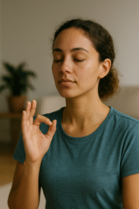 femme assise, les yeux fermés le bras levé avec le pouce qui rejoint l'index. l'autre bras baissé