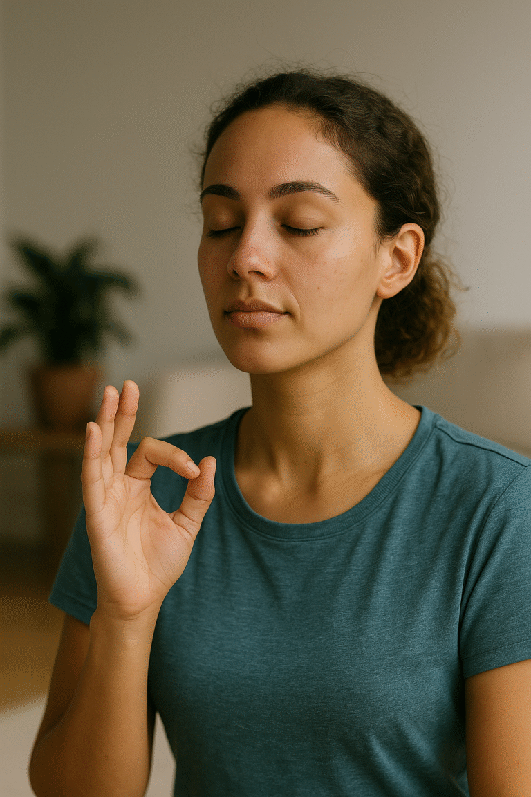 femme assise, les yeux fermés le bras levé avec le pouce qui rejoint l'index. l'autre bras baissé