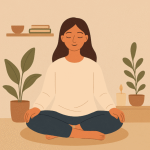 dessin d'une femme en position de méditation, sur un coussin