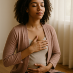 femme en position de méditation avec une main sur le cœur et l'autre sur le ventre
