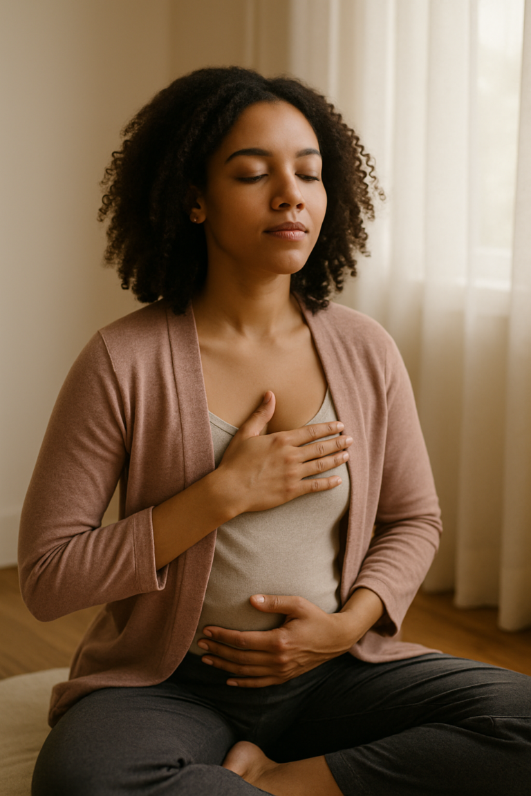 femme en position de méditation avec une main sur le cœur et l'autre sur le ventre