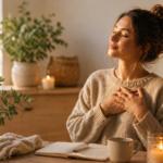 Femme qui médite les 2 mains sur le cœur
