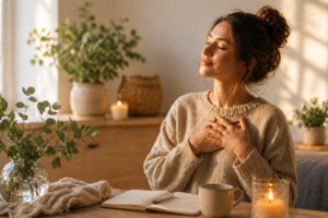 Femme qui médite les 2 mains sur le cœur