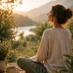 Femme qui médite devant un lac entouré de montagnes