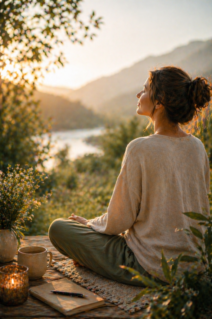 Femme qui médite devant un lac entouré de montagnes