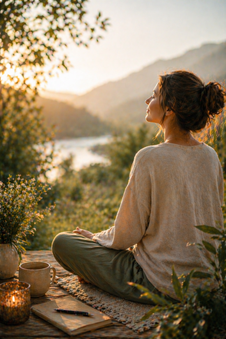 Femme qui médite devant un lac entouré de montagnes