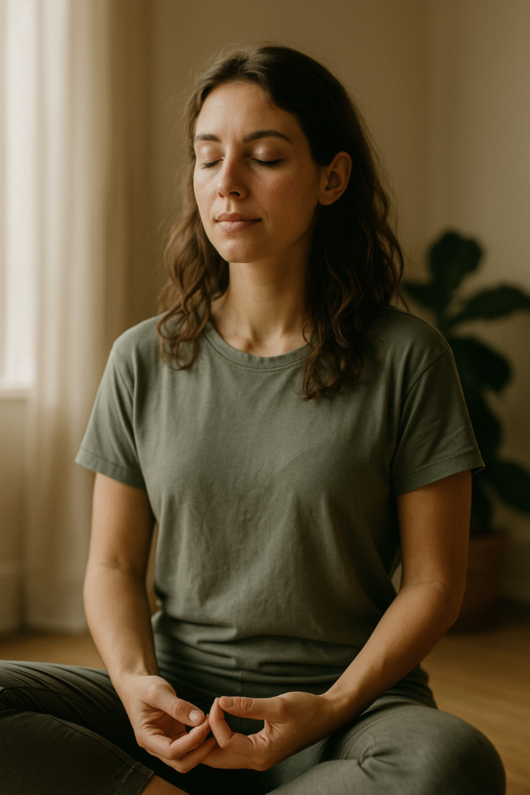 femme en position de méditation avec les pouces qui rejoignent les index