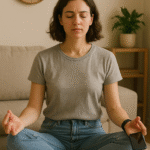 femme en position de méditation, les yeux fermés dans son salon avec une pendule derrière elle