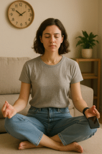 femme en position de méditation, les yeux fermés dans son salon avec une pendule derrière elle