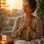 Femme les 2 mains sur le cœur, devant son journal de gratitude