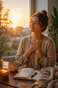 Femme les 2 mains sur le cœur, devant son journal de gratitude
