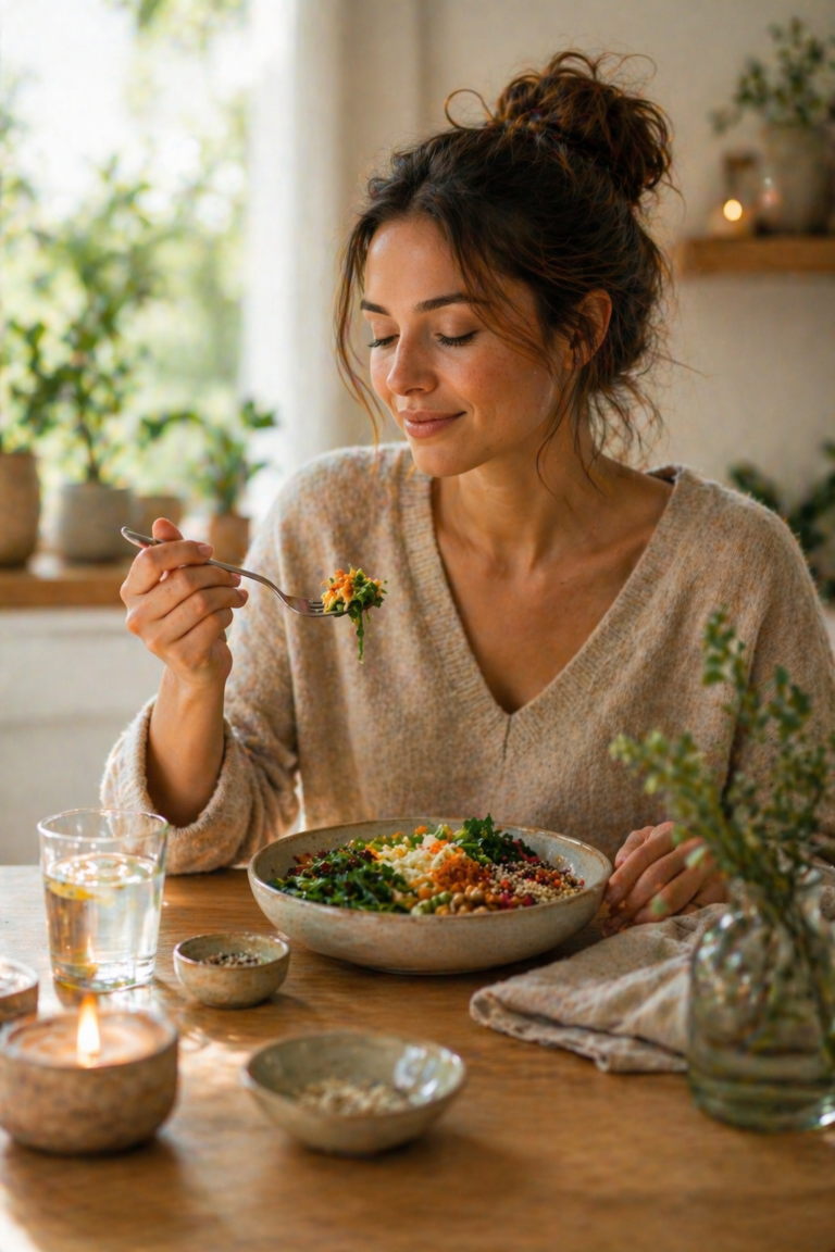 Femme qui mange en conscience