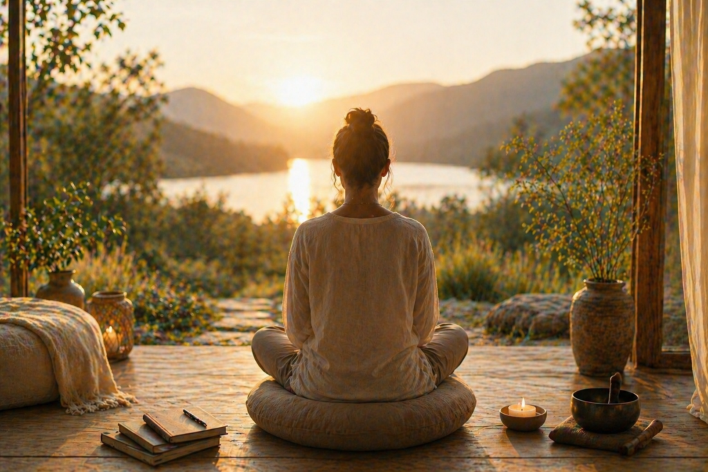 Femme qui médite devant un paysage tranquille