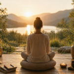 Femme qui médite devant un paysage tranquille