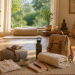 un sac de voyage, un carnet avec un stylo, tapis de méditation déposés dans une salle