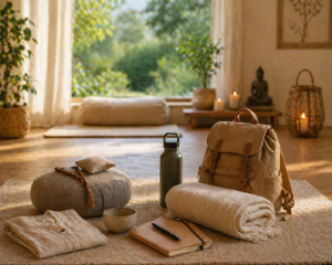 un sac de voyage, un carnet avec un stylo, tapis de méditation déposés dans une salle