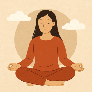 dessin d'une femme en position de méditation dans une bulle avec des nuages