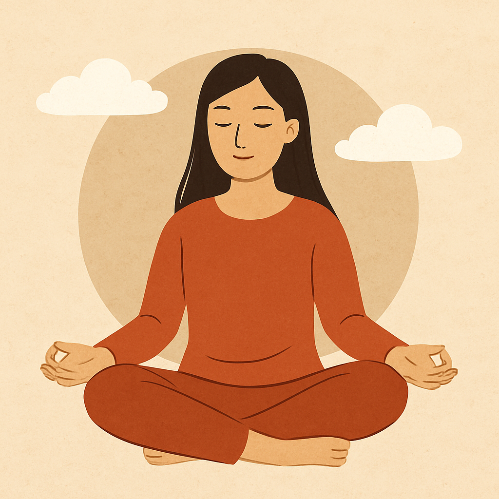 dessin d'une femme en position de méditation dans une bulle avec des nuages