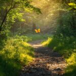 un chemin dans une forêt ensoleillée avec un papillon qui vole