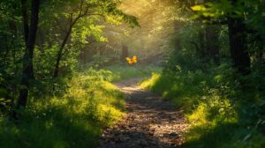 un chemin dans une forêt ensoleillée avec un papillon qui vole