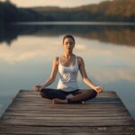 une femme en position de méditation sur un ponton en bois au d'un lac