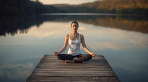 une femme en position de méditation sur un ponton en bois au d'un lac