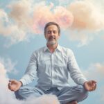 un homme en position de méditation avec des formes nuageuses autour de sa tête pour représenter les pensées