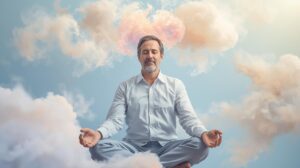 un homme en position de méditation avec des formes nuageuses autour de sa tête pour représenter les pensées