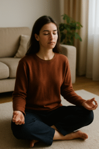 femme en position de méditation, les pouces rejoignent l'index dans son salon