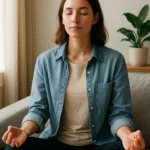 femme en position de méditation sur un canapé