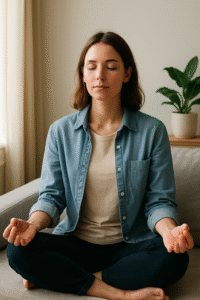 femme en position de méditation sur un canapé