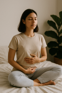 femme en position de méditation, les yeux fermés avec une main sur le cœur et l'autre sur le ventre. Sur son lit avec une plante à côté