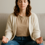 femme en position de méditation sur un canapé