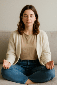 femme en position de méditation sur un canapé