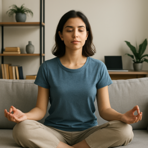 femme en position de méditation sur son canapé. Les pouces rejoignent les index