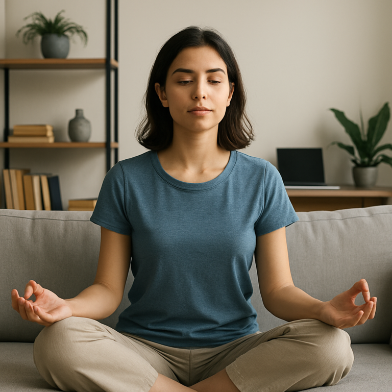 femme en position de méditation sur son canapé. Les pouces rejoignent les index
