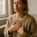 femme assise avec les deux mains sur le cœur, le front plissé