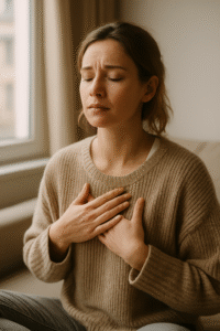femme assise avec les deux mains sur le cœur, le front plissé