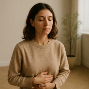femme debout, les yeux fermés avec les deux mains sur le ventre