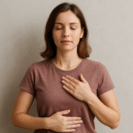 femme debout, les yeux fermés avec une main sur le cœur et l'autre sur le