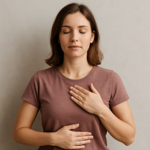 femme debout, les yeux fermés avec une main sur le cœur et l'autre sur le
