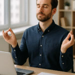 homme assis devant son ordinateur, les pouces rejoignent l'index