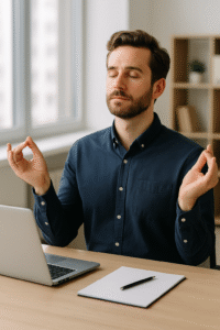 homme assis devant son ordinateur, les pouces rejoignent l'index